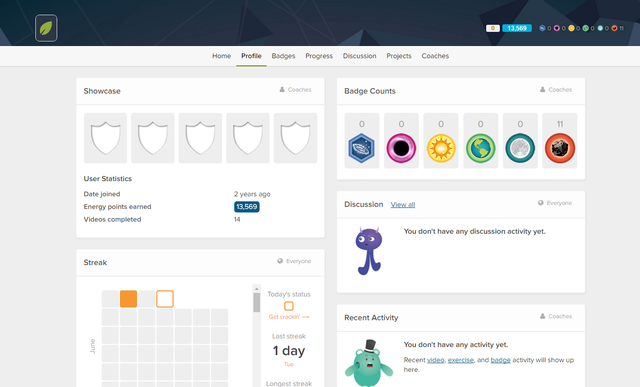 Trang cá nhân với hệ thống huy hiệu và thành tích trên KhanAcademy